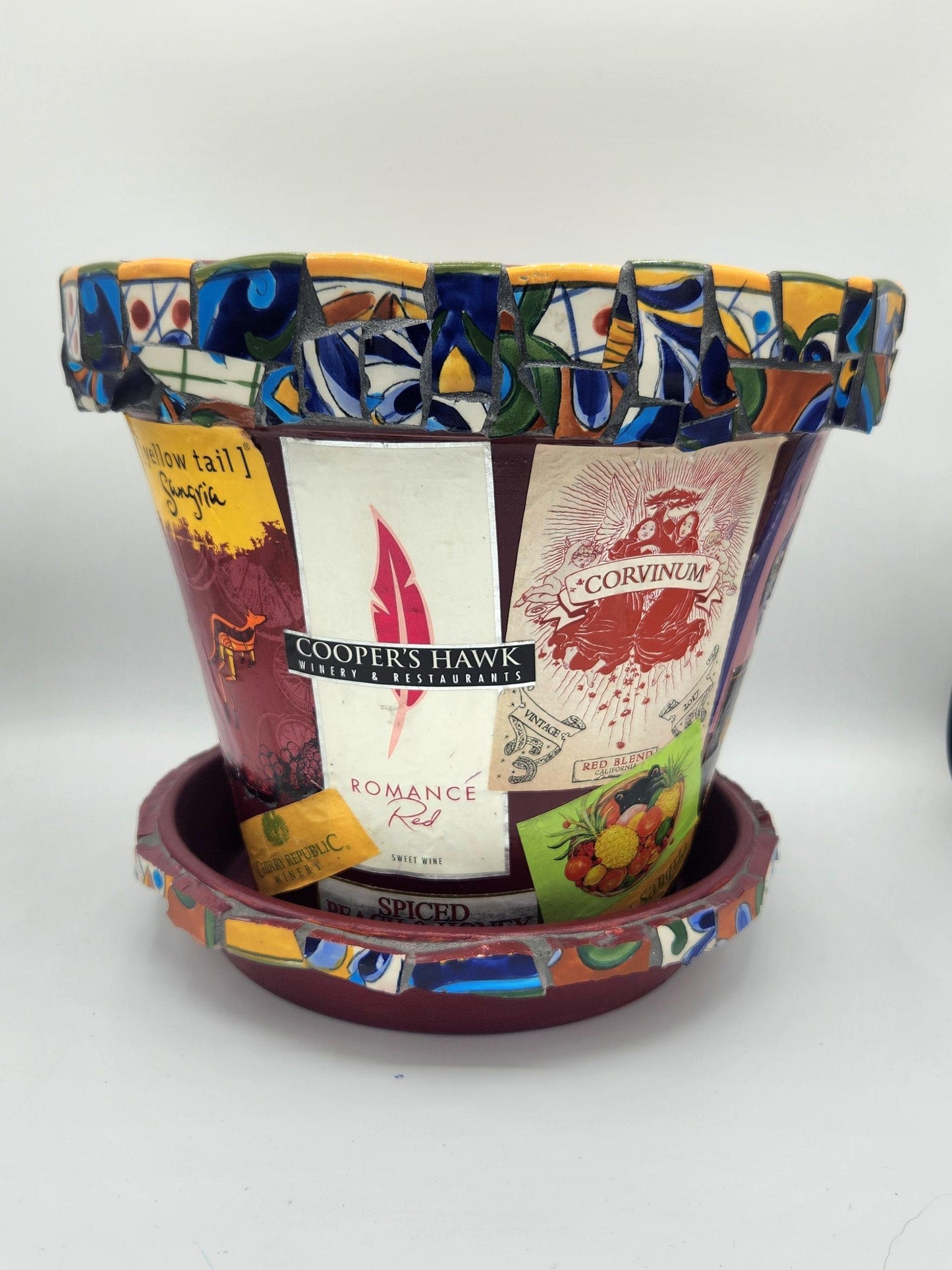 Large mosaic wine label planter pot.
