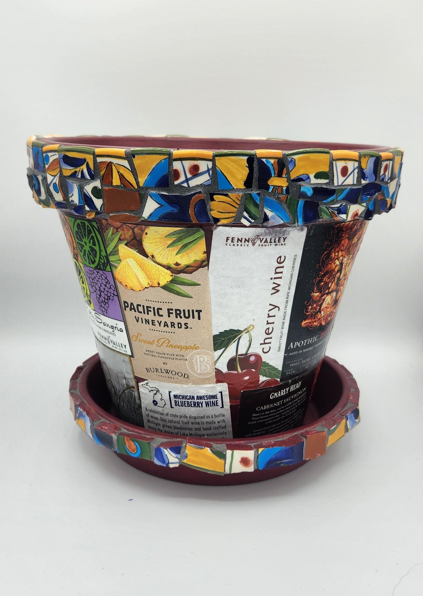 Large mosaic wine label planter pot.