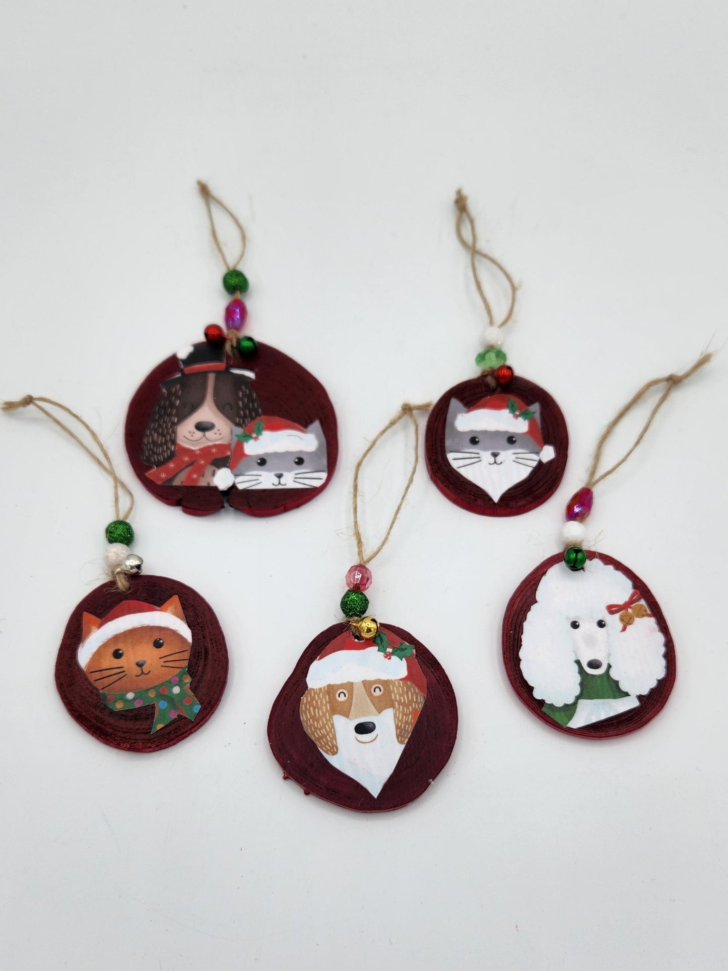 Set of five Christmas animal ornaments