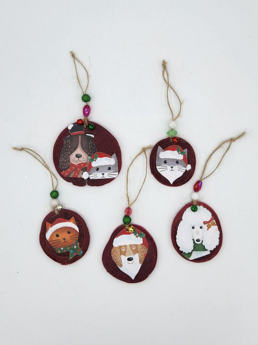 Set of five Christmas animal ornaments