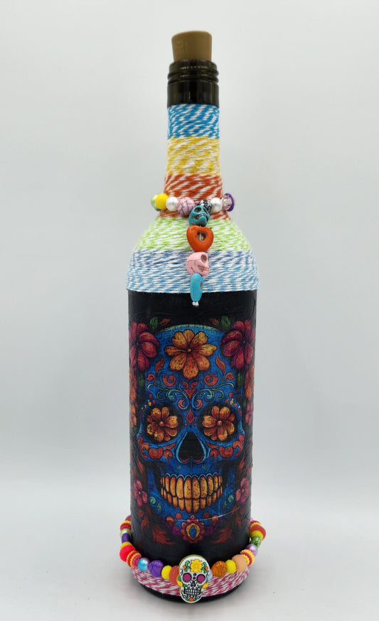 Sugar skull decorative wine bottle